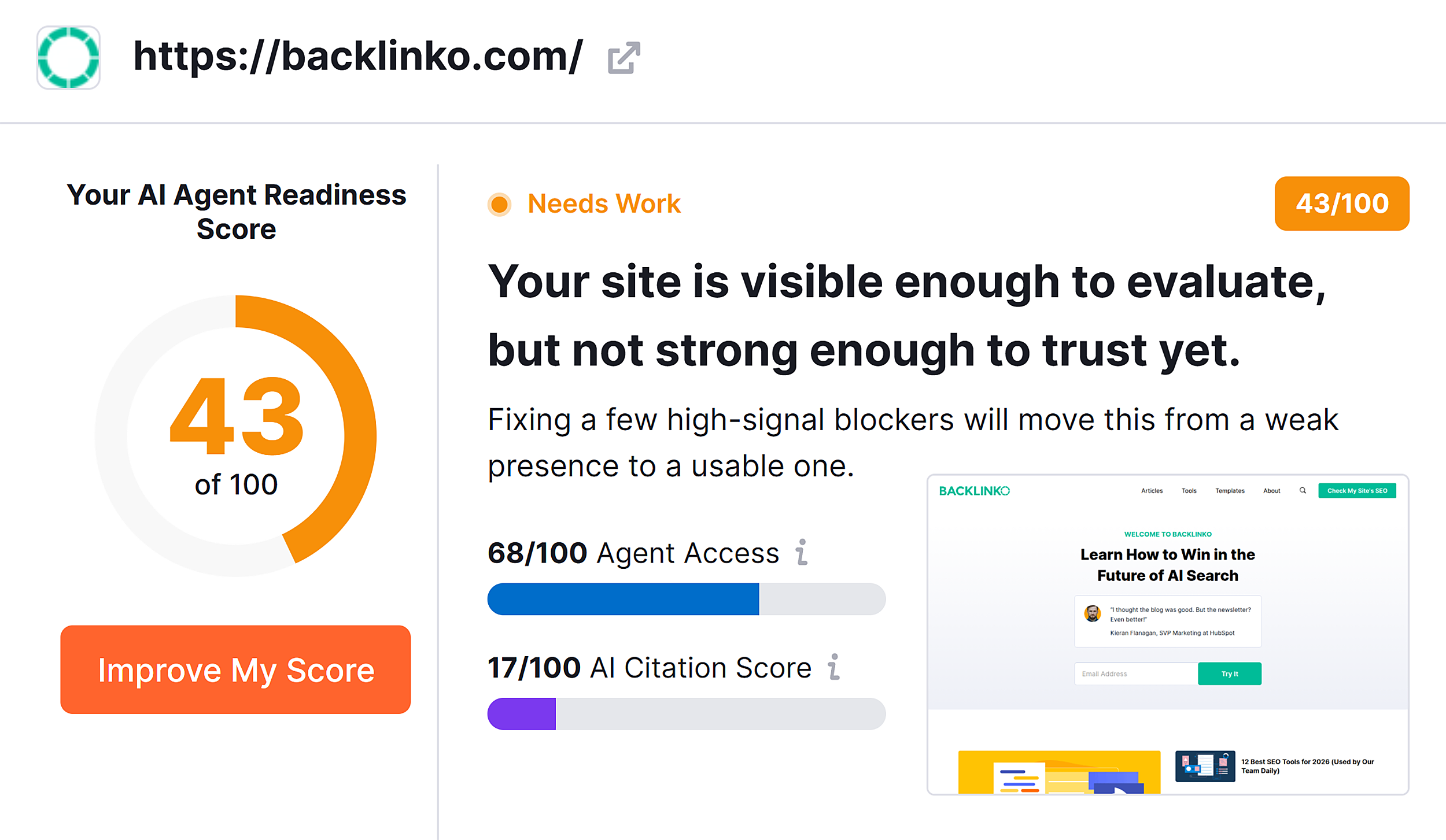 Main score card showing Agent Access and AI Citation Score