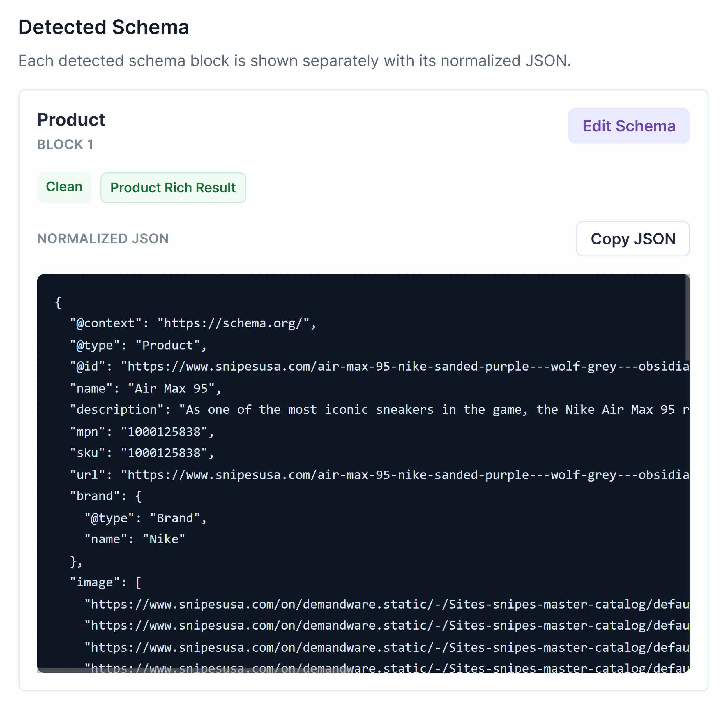Detected Schema section showing schema type cards (e.g., Organization, WebSite, WebPage) with rich result status, Edit Schema, and Copy JSON buttons.