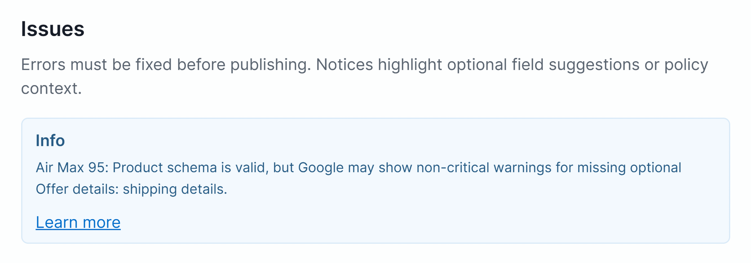 Issues section showing flagged fields with descriptions and severity labels.