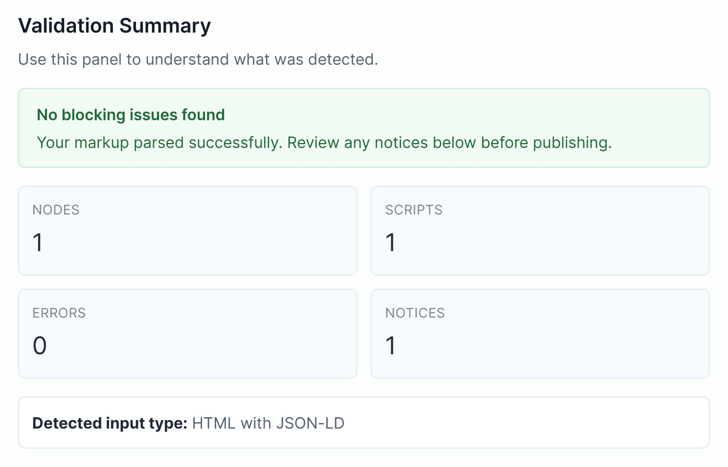 Validation Summary panel showing counts for blocking issues, errors, warnings, and notices.