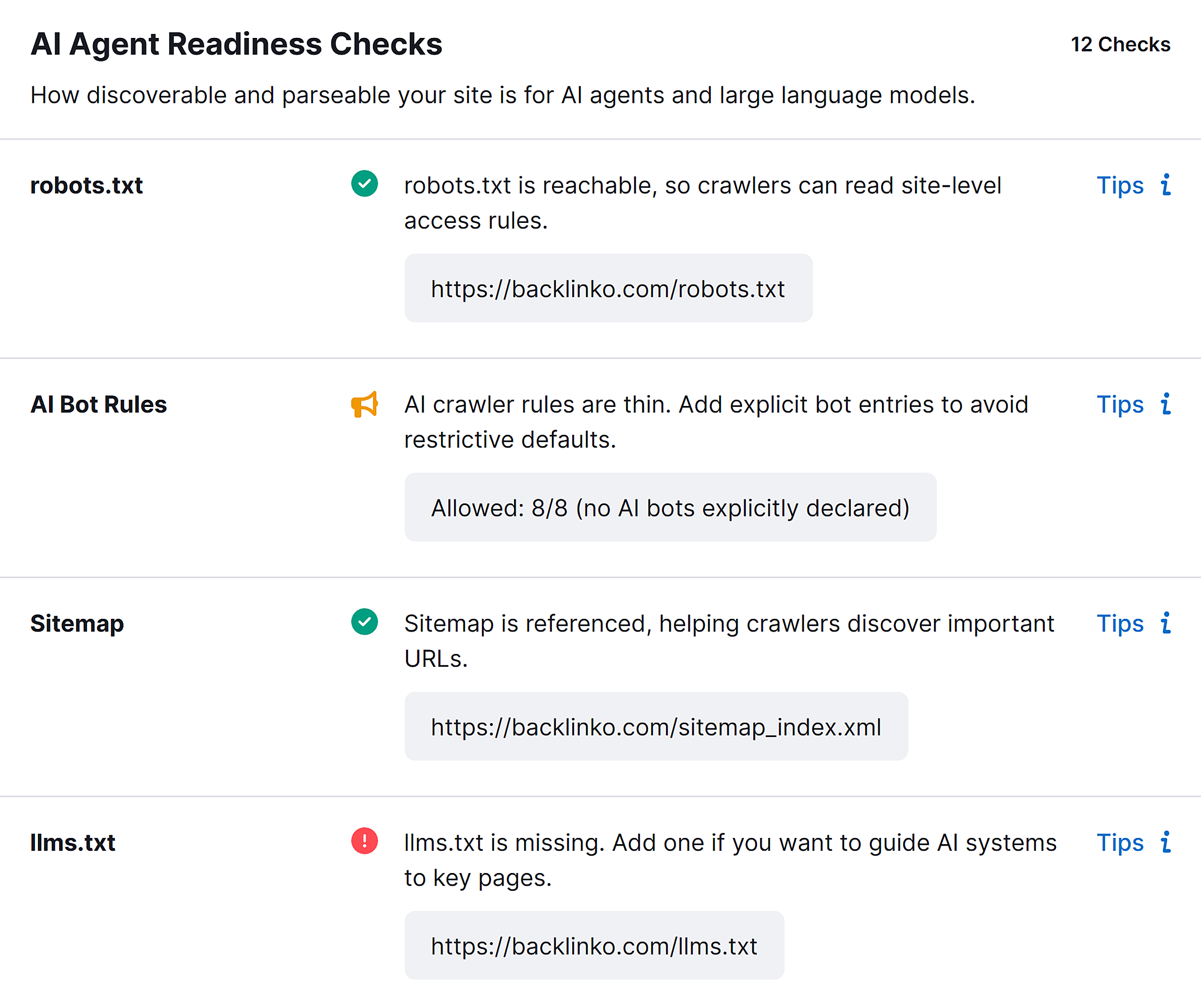 AI Agent Readiness Checks section showing 12 checks with pass/warning/fail indicators