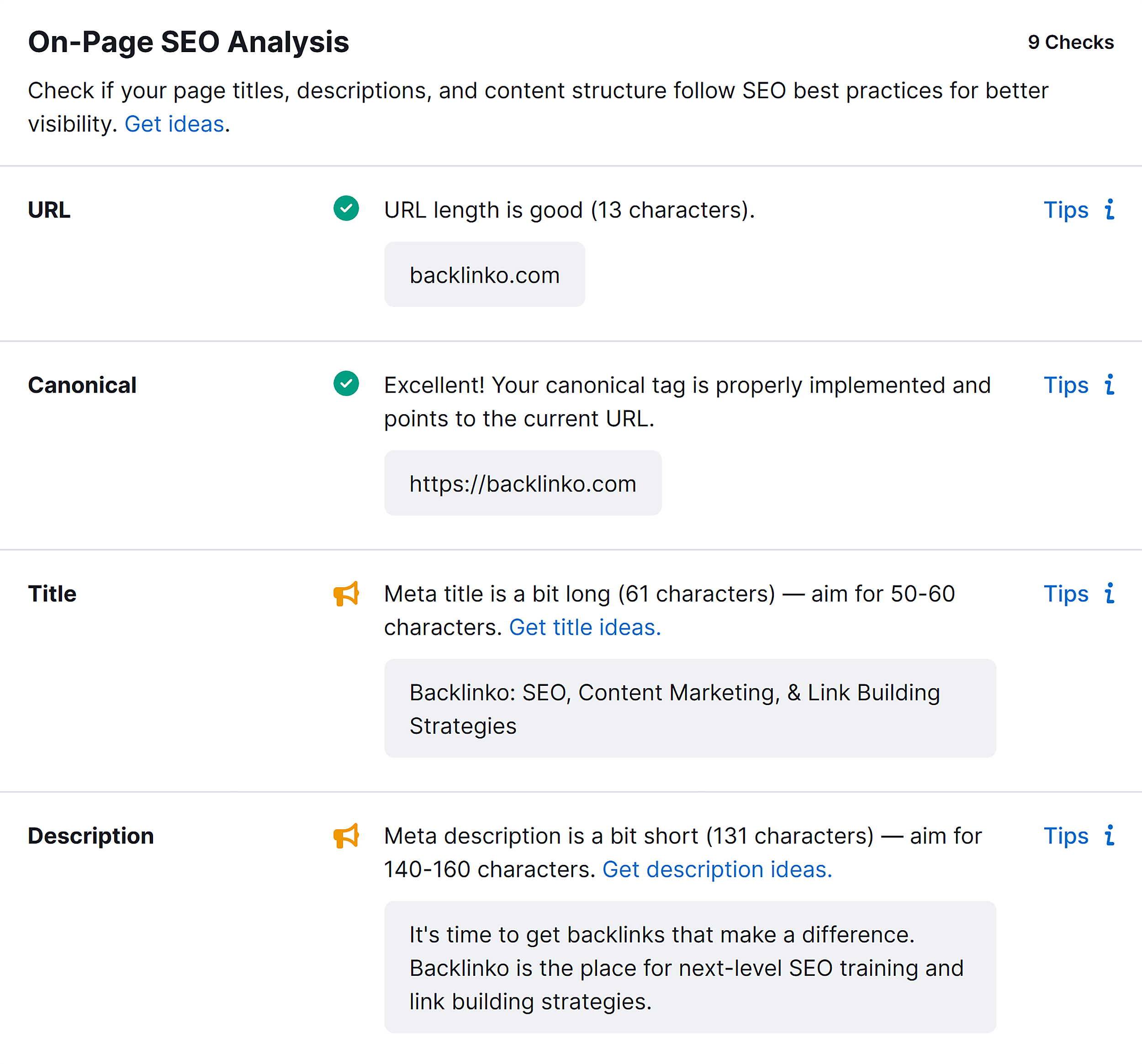On-Page SEO Analysis and Trust & Email Auth sections with pass/warning/fail indicators