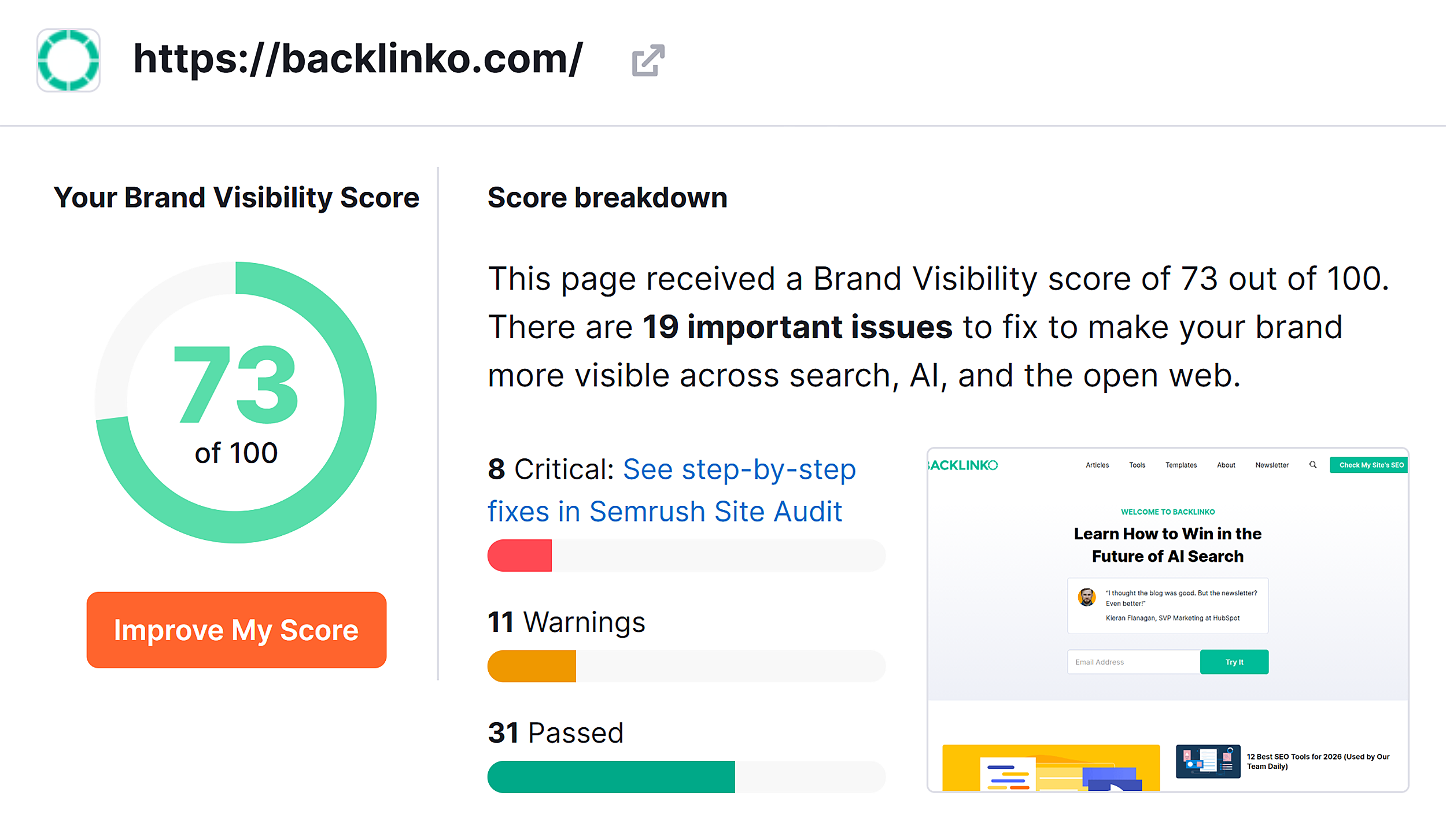 Brand Visibility Score card showing overall score, score breakdown panel, and Issues Overview list